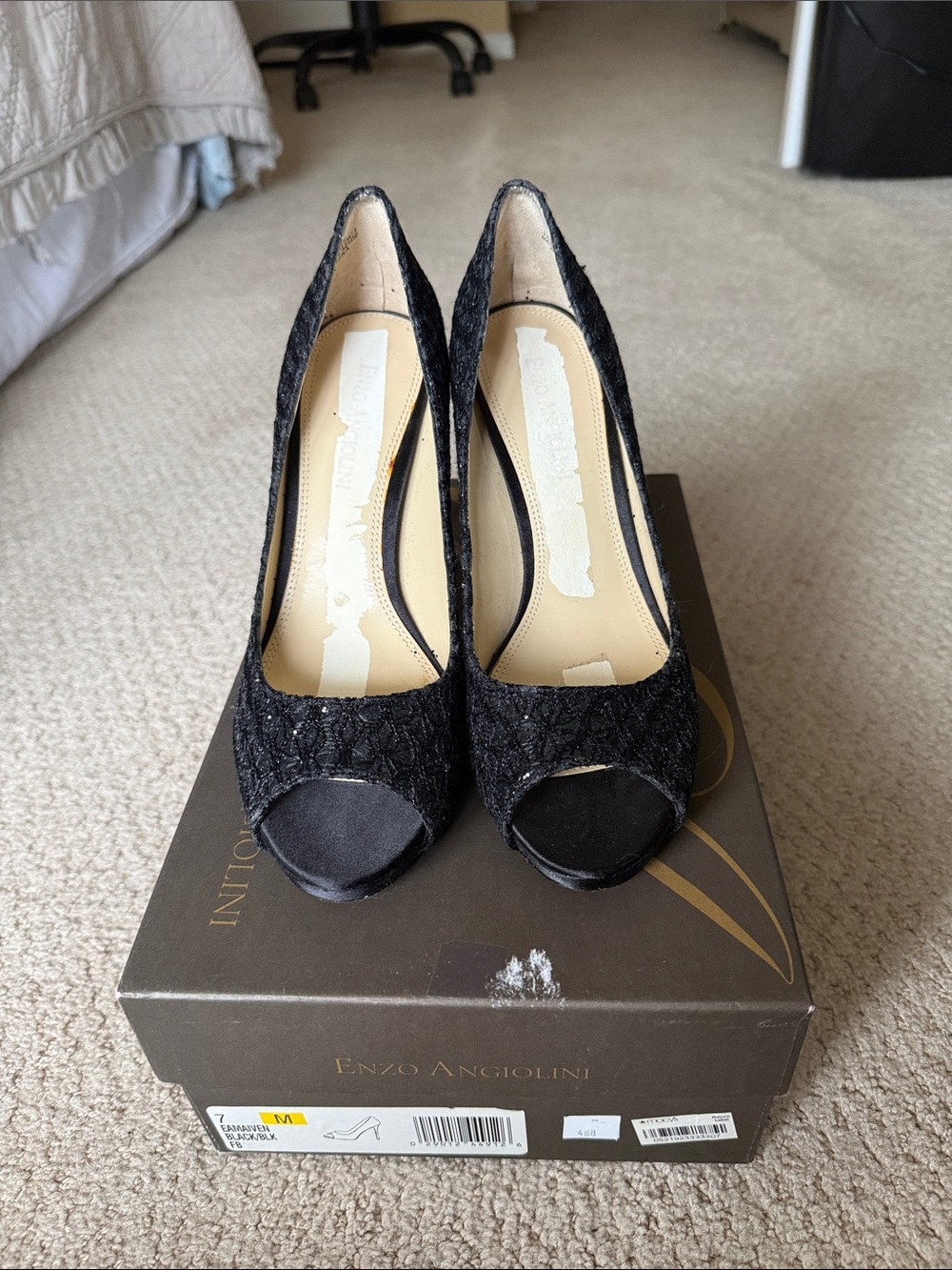 Enzo Angiolini Black Lace Peep-Toe Heels size 7